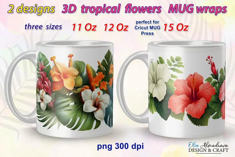 3D Flowers Mug Wrap Png| Cricut Mug Press Sublimation Design