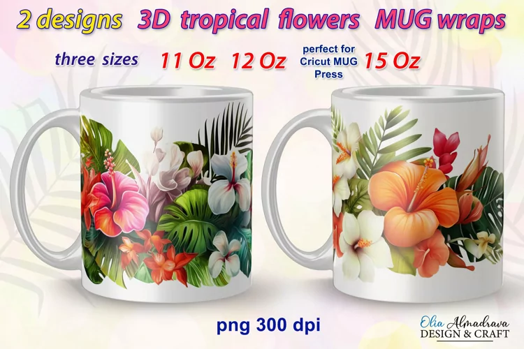 3D Flower Mug Wrap Png| Cricut Mug Press Sublimation Designs