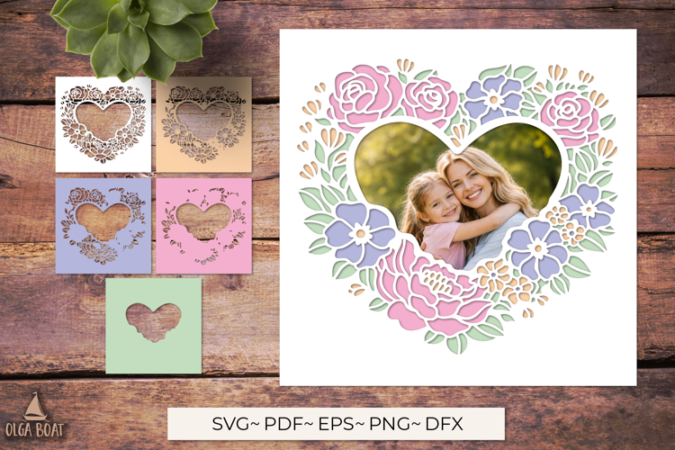 3D Floral Heart Photo Frame SVG | Layered papercut