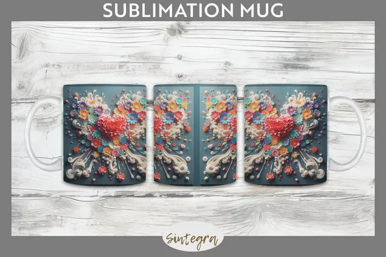3D Floral Hearts v12 Mug Wrap Sublimation