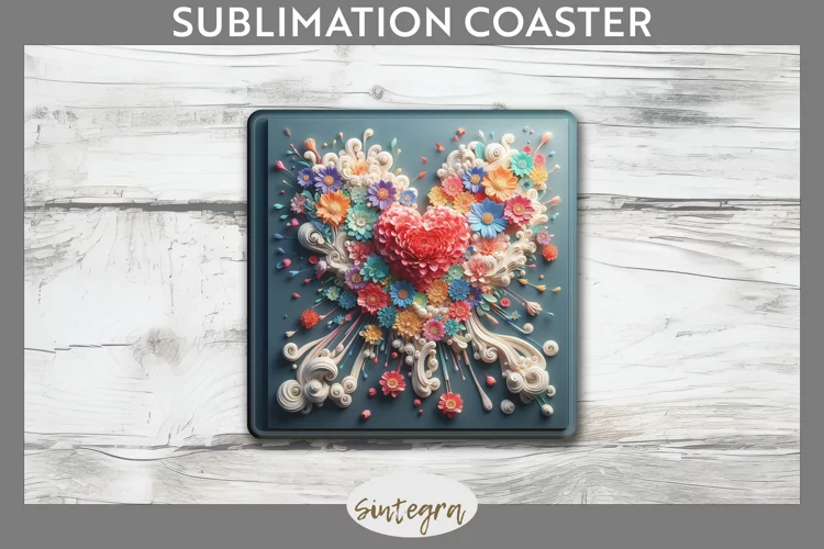 3D Floral Hearts v12 Square Coaster Sublimation