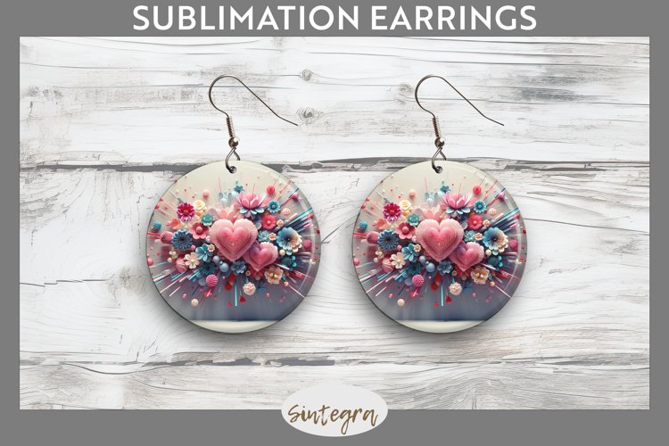 3D Floral Hearts v14 Round Earrings Sublimation