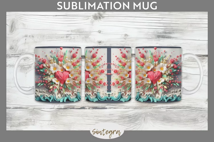 3D Floral Hearts v9 Mug Wrap Sublimation