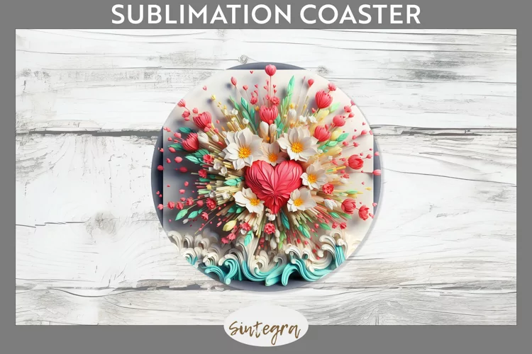 3D Floral Hearts v9 Round Coaster Sublimation