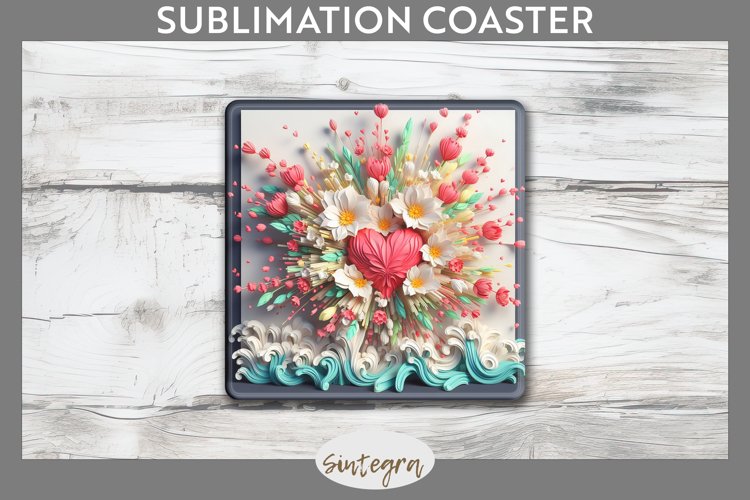3D Floral Hearts v9 Square Coaster Sublimation example image 1