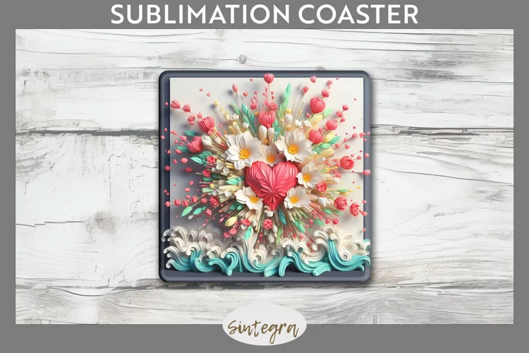3D Floral Hearts v9 Square Coaster Sublimation