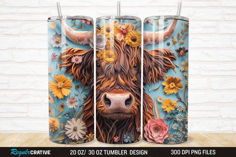 3D Floral Highland Cow 20/30oz Skinny Tumbler