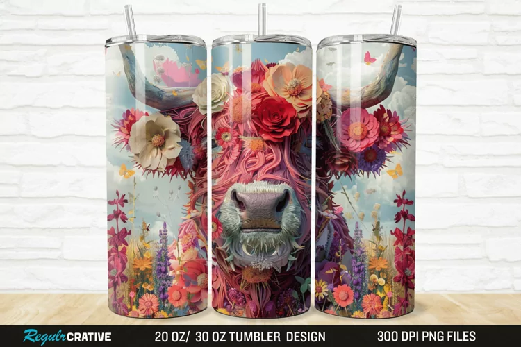 Floral Highland Cow 20/30oz Skinny Tumbler