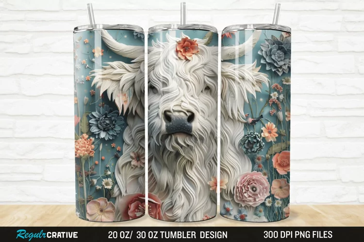 3D Floral Highland Cow 20/30oz Skinny Tumbler