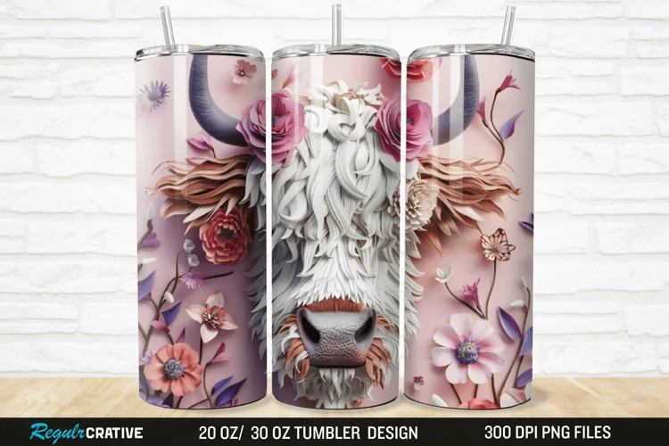 3D Floral Highland Cow 20/30oz Skinny Tumbler