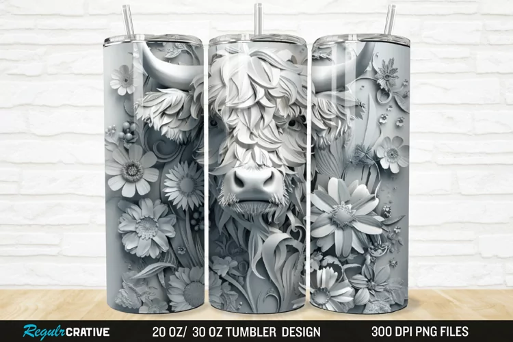 3D Floral Highland Cow 20/30oz Skinny Tumbler
