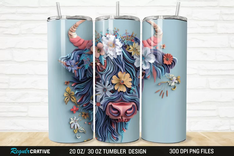3D Floral Highland Cow 20/30oz Skinny Tumbler
