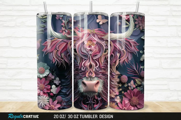 3D Floral Highland Cow 20/30oz Skinny Tumbler