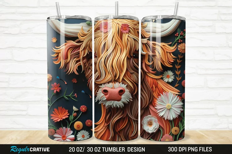 3D Floral Highland Cow 20/30oz Skinny Tumbler