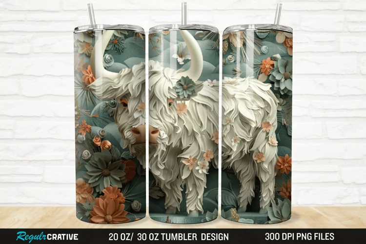 3D Floral Highland Cow 20/30oz Skinny Tumbler