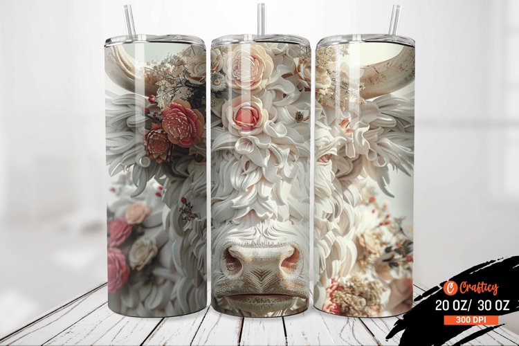 3D Floral Highland Cow Tumbler wrap
