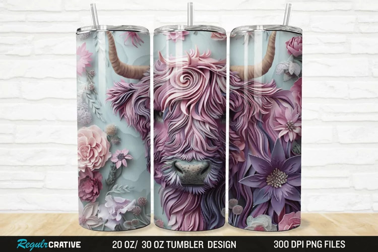 3D Floral Highland Cow 20/30oz Skinny Tumbler