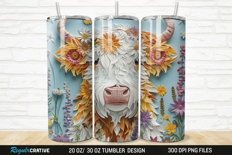 3D Floral Highland Cow 20/30oz Skinny Tumbler
