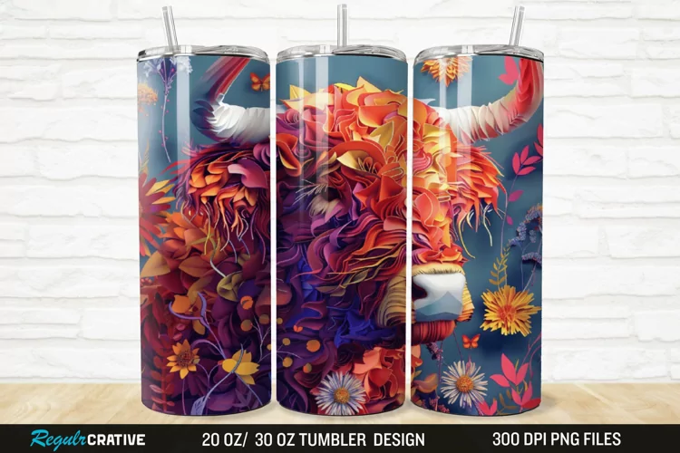3D Floral Highland Cow 20/30oz Skinny Tumbler