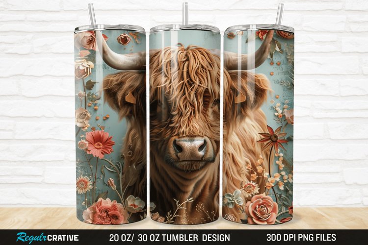 3D Floral Highland Cow 20/30oz Skinny Tumbler