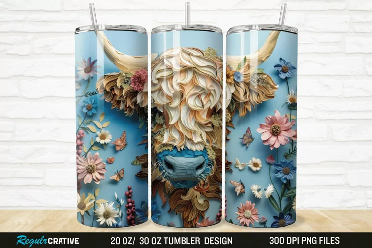 3D Floral Highland Cow 20/30oz Skinny Tumbler