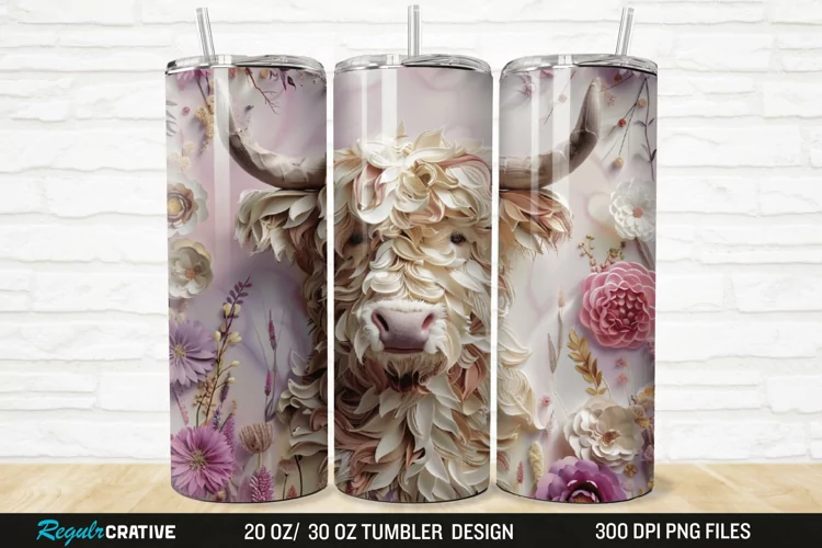 3D Floral Highland Cow 20/30oz Skinny Tumbler