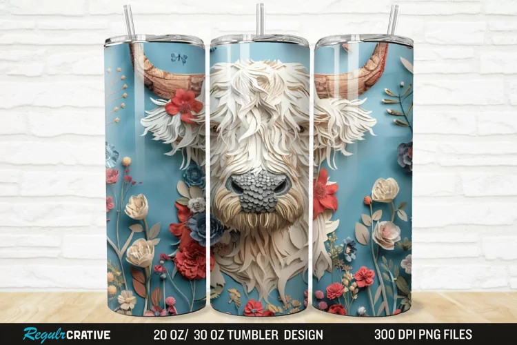 3D Floral Highland Cow 20/30oz Skinny Tumbler