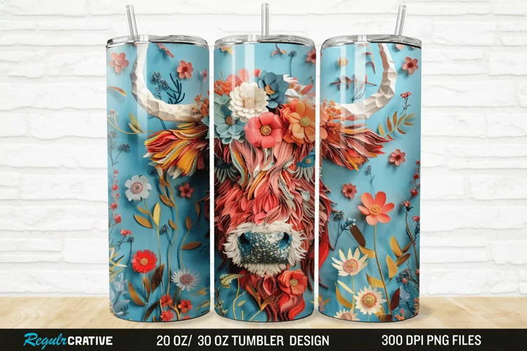 3D Floral Highland Cow 20/30oz Skinny Tumbler