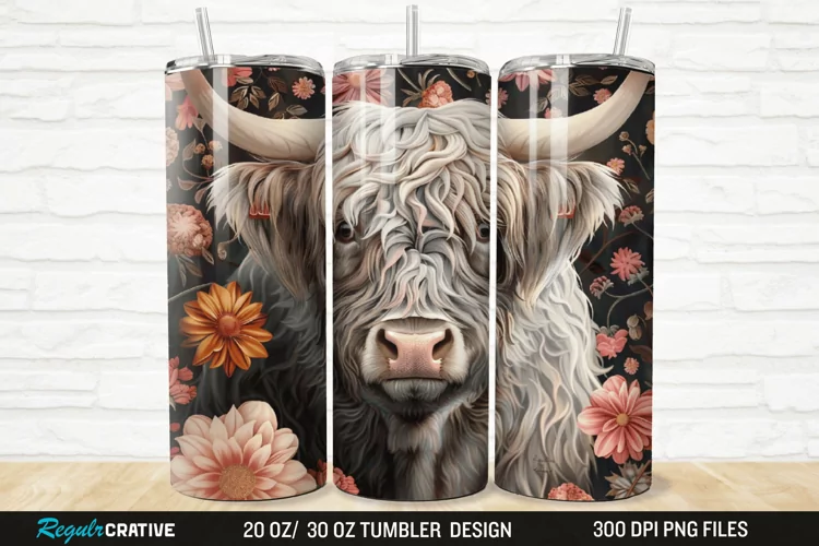 3D Floral Highland Cow 20/30oz Skinny Tumbler