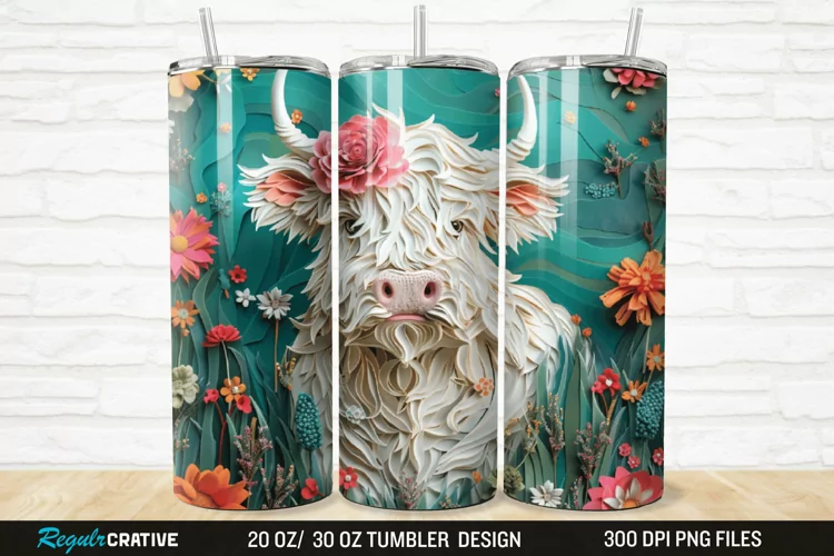 3D Floral Highland Cow 20/30oz Skinny Tumbler