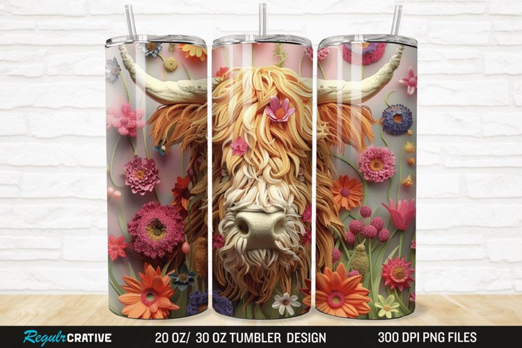 3D Floral Highland Cow 20/30oz Skinny Tumbler