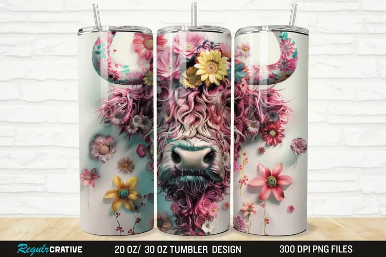 3D Floral Highland Cow 20/30oz Skinny Tumbler