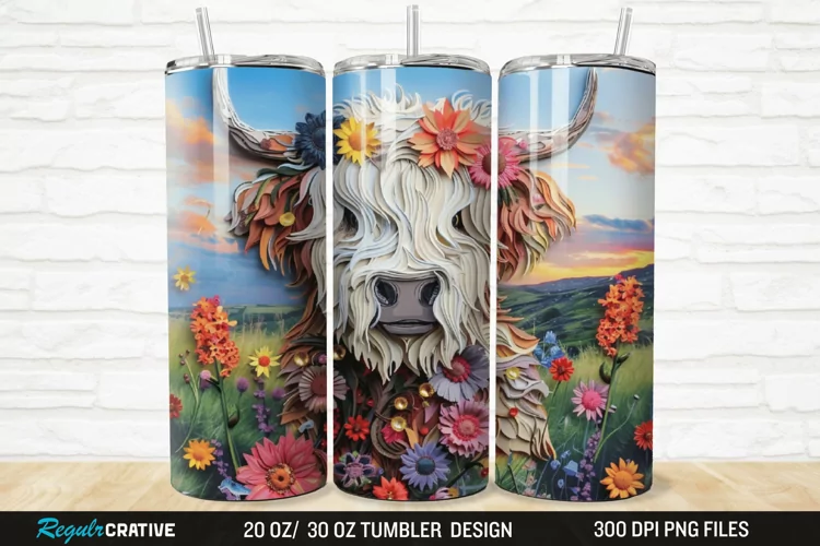 3D Floral Highland Cow 20/30oz Skinny Tumbler