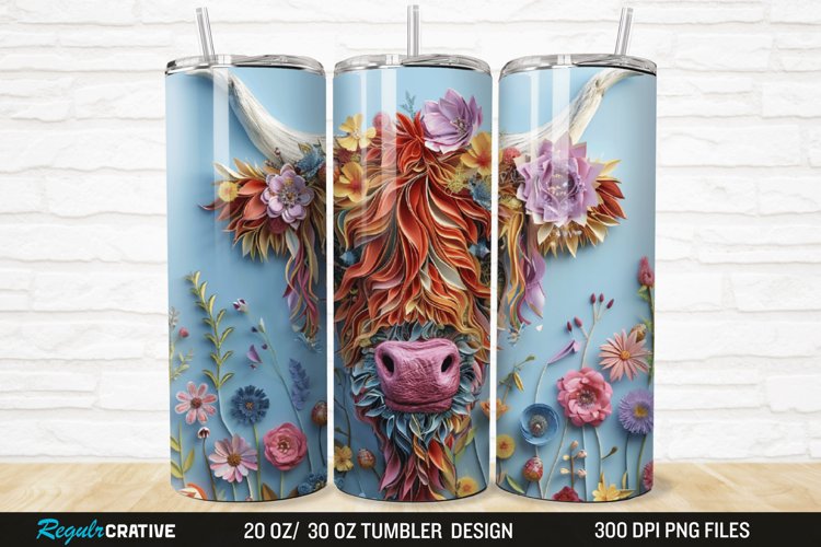 3D Floral Highland Cow 20/30oz Skinny Tumbler