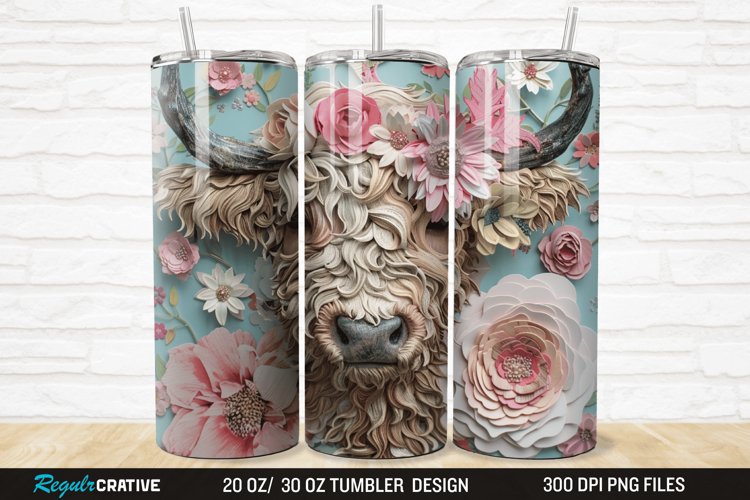 3D Floral Highland Cow 20/30oz Skinny Tumbler