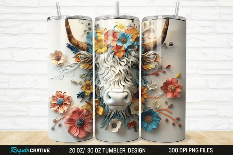 3D Floral Highland Cow 20/30oz Skinny Tumbler