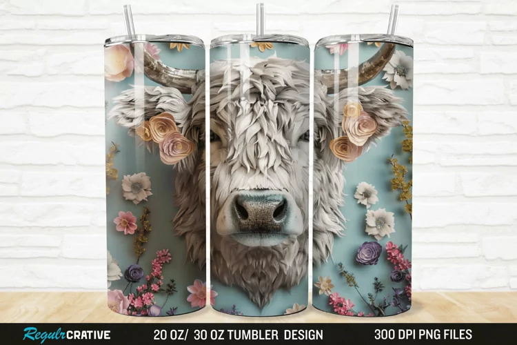 3D Floral Highland Cow 20/30oz Skinny Tumbler