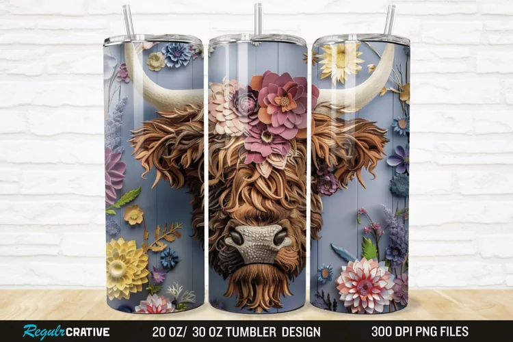 3D Floral Highland Cow 20/30oz Skinny Tumbler