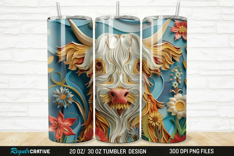 3D Floral Highland Cow 20/30oz Skinny Tumbler