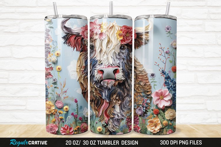 3D Floral Highland Cow 20/30oz Skinny Tumbler
