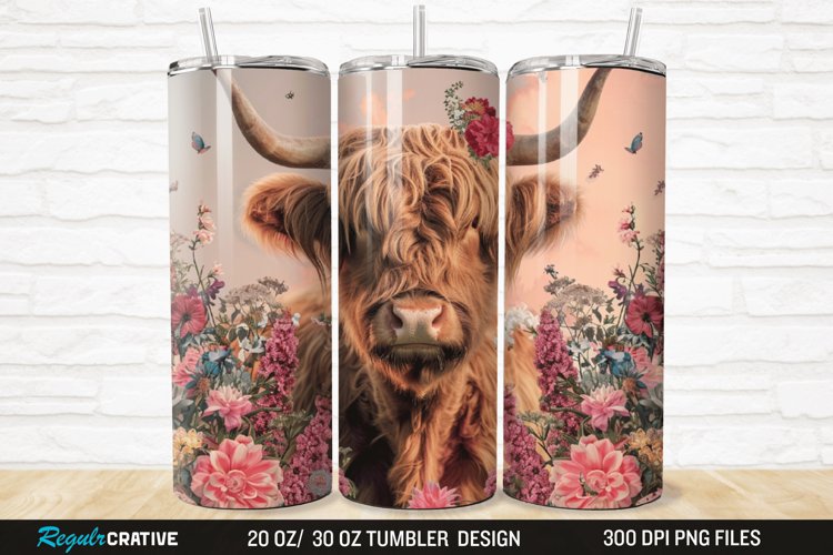 3D Floral Highland Cow 20/30oz Skinny Tumbler