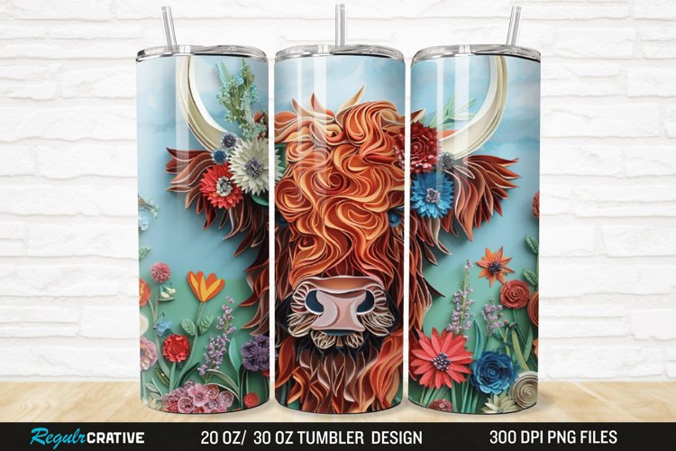 3D Floral Highland Cow 20/30oz Skinny Tumbler