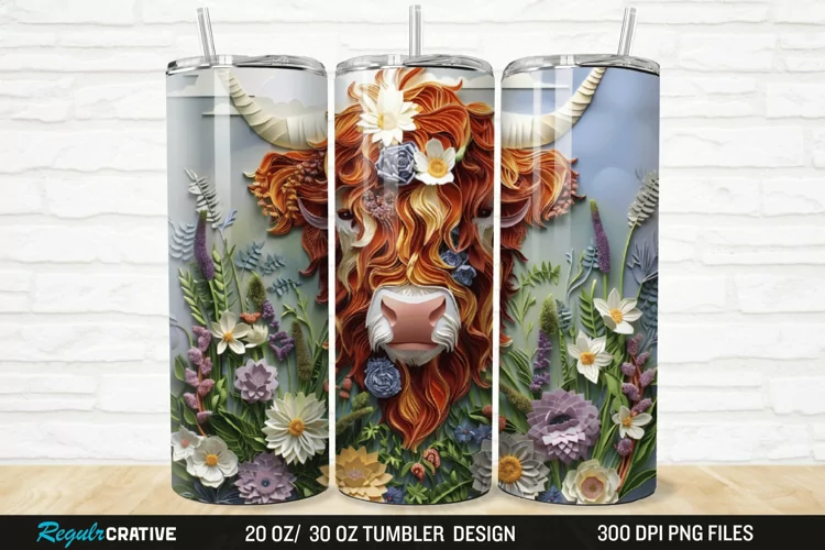 3D Floral Highland Cow 20/30oz Skinny Tumbler