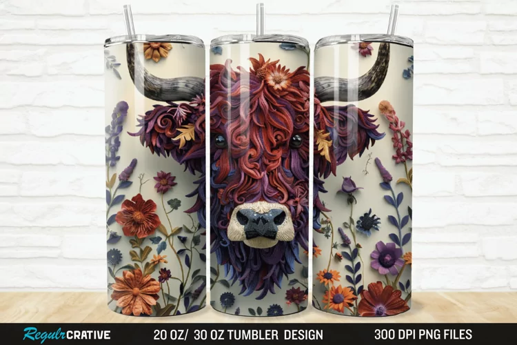 3D Floral Highland Cow 20/30oz Skinny Tumbler