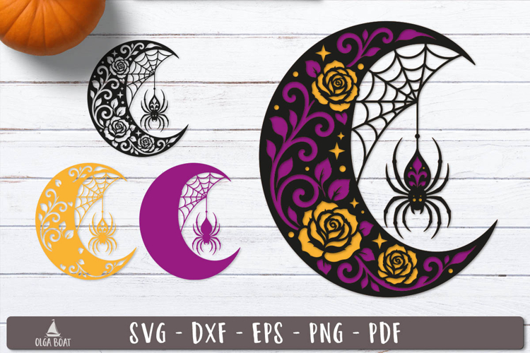 3d Floral Moon Spider Halloween Layered SVG design