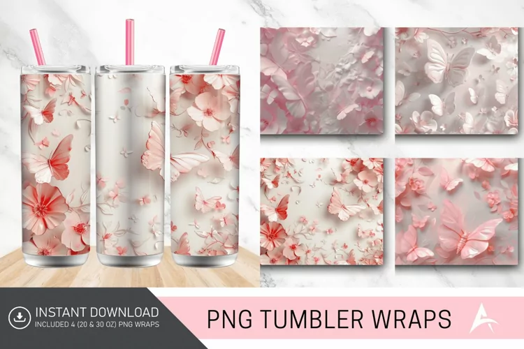 3D Floral Pink Butterflies Tumbler Wrap