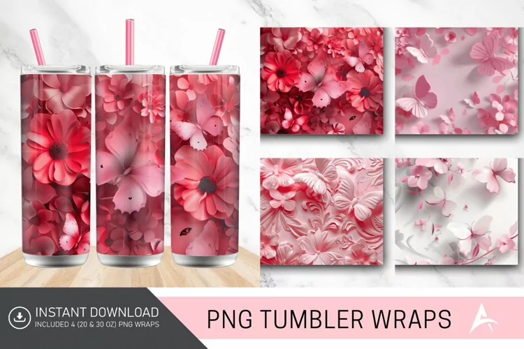 3D Floral Pink Butterflies Tumbler Wrap