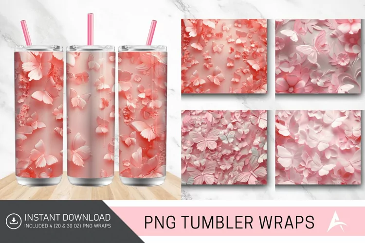 3D Floral Pink Butterflies Tumbler Wrap