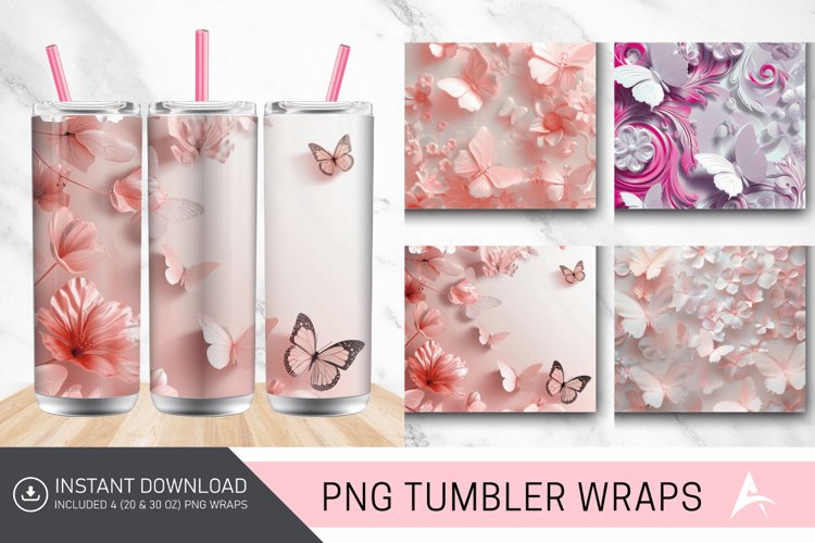3D Floral Pink Butterflies Tumbler Wrap