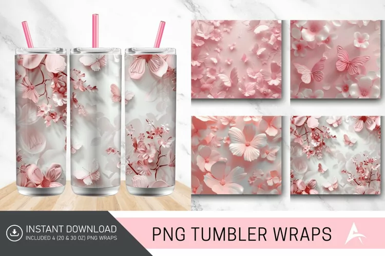3D Floral Pink Butterflies Tumbler Wrap
